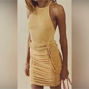Free People FP ONE Katya Thermal Mini Dress Ruched in Yellow Size Small NWOT